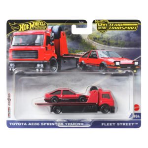 Hot Wheels vilkikas su lenktyniniu automobiliu – Team Transport pakuotė su raudonu Fleet Street vilkiku ir Toyota AE86 Sprinter Trueno (vienas iš galimų variantų)
