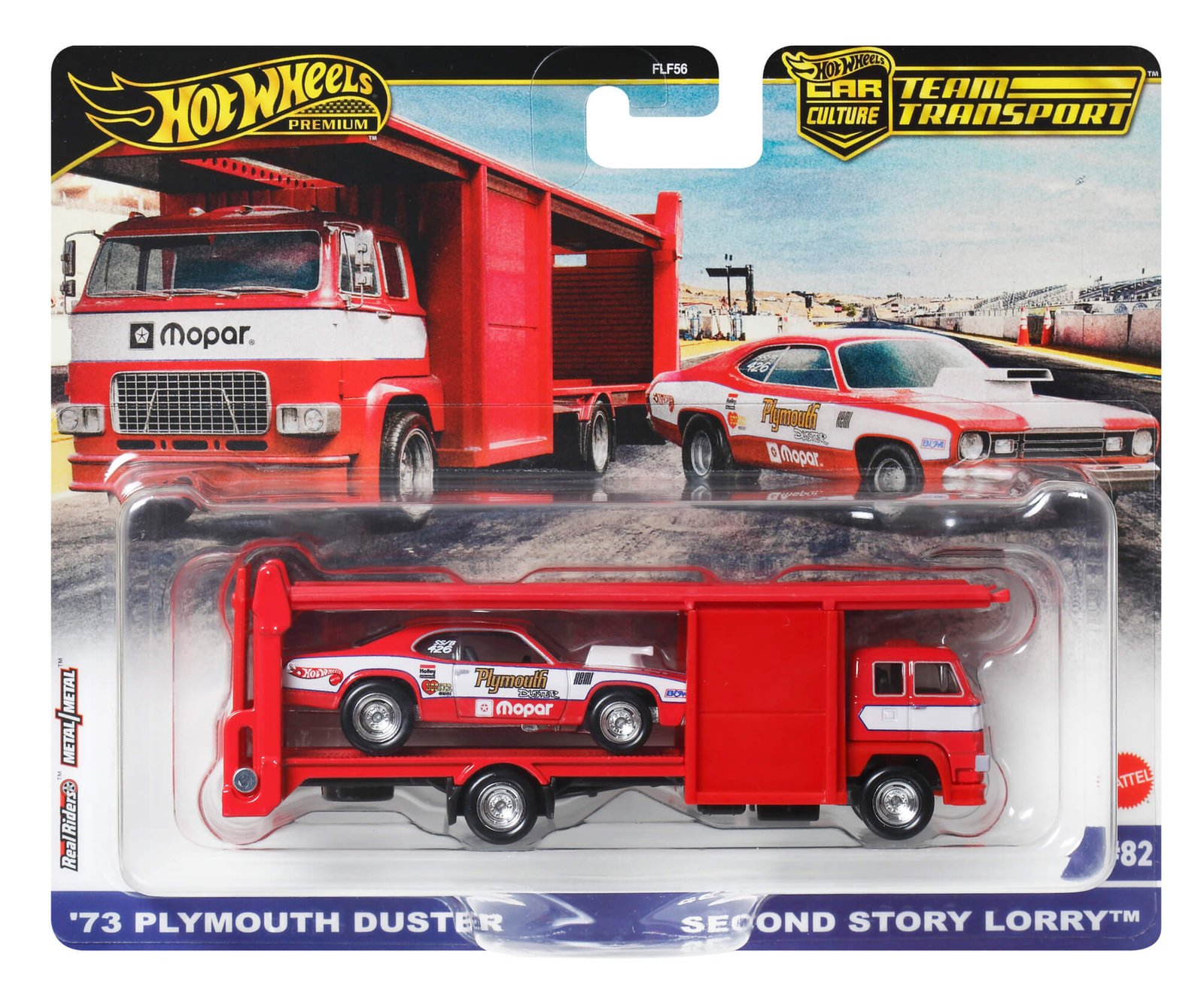 Raudonas Second Story Lorry transporteris su '73 Plymouth Duster (vienas iš galimų variantų)