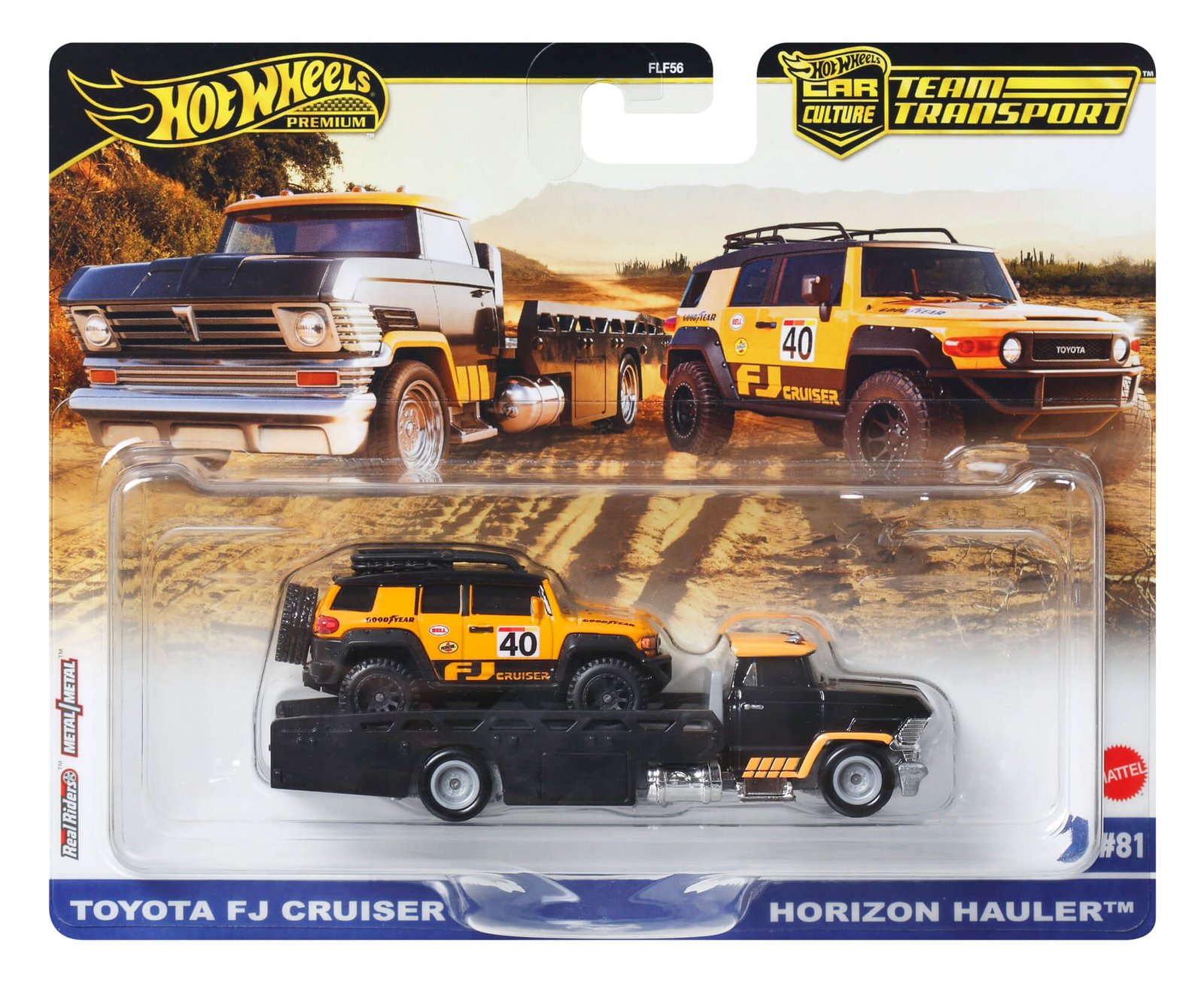 Juodas Horizon Hauler vilkikas su geltonu Toyota FJ Cruiser Nr. 40 (vienas iš galimų variantų)
