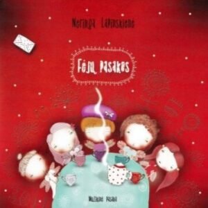 Muzikinė pasaka apie fėjas „Fėjų pasakos“ – raudonas taškuotas viršelis su mažomis fėjomis prie arbatos stalo