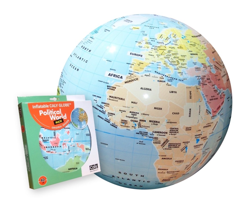 CALY pripučiamas gaublys vaikams „Pasaulis“, 42 cm – spalvotos šalys, Afrika ir Europa, šalia pakuotė „Political World“