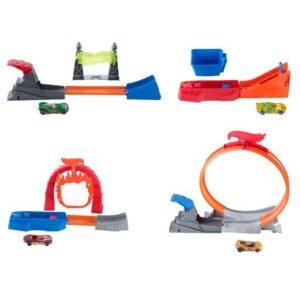 Hot Wheels trasos detalės – keturi Classic Stunt asortimento rinkinių pavyzdžiai su paleidikliais ir automodeliukais
