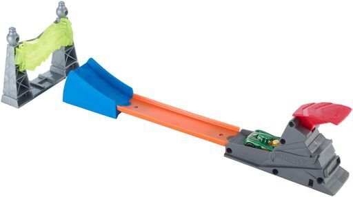 Rinkinys su elektros bokštu: paleidiklis, oranžinė trasa ir mėlyna rampa šuoliui (vienas iš galimų variantų)
