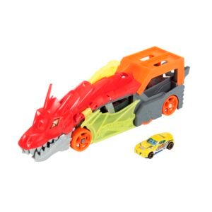 Hot Wheels transporteris su drakonu – raudonas drakonas ant ratų ir geltonas automodeliukas