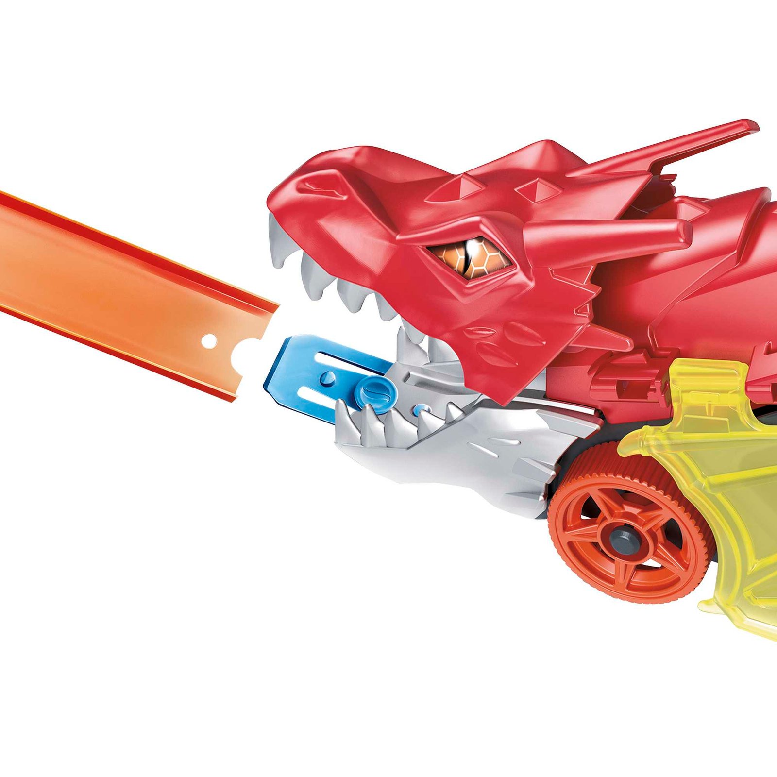 Prie drakono nasrų prijungta oranžinė Hot Wheels trasa, pro nasrus išlenda mašinėlė