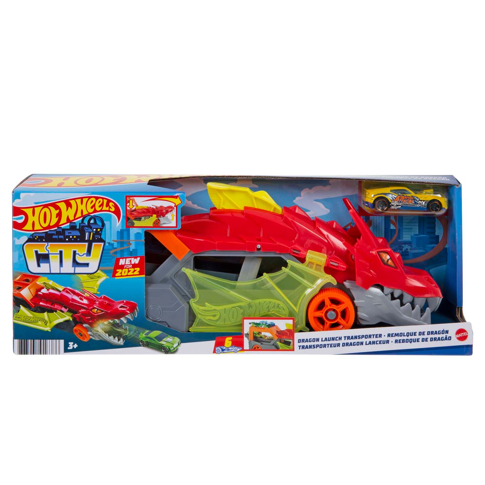 Hot Wheels City Dragon Launch Transporter pakuotė su automodeliuku, amžius nuo 3 metų