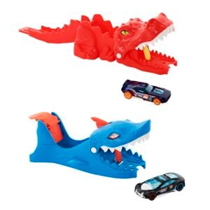Hot Wheels trasos paleidiklis – raudonas dinozauras T-Rex ir mėlynas ryklys su mašinėlėmis, du asortimento variantai