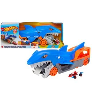Hot Wheels ryklio transporteris – pakuotė ir mėlynas ryklys ant ratų su automodeliuku Shark Bite