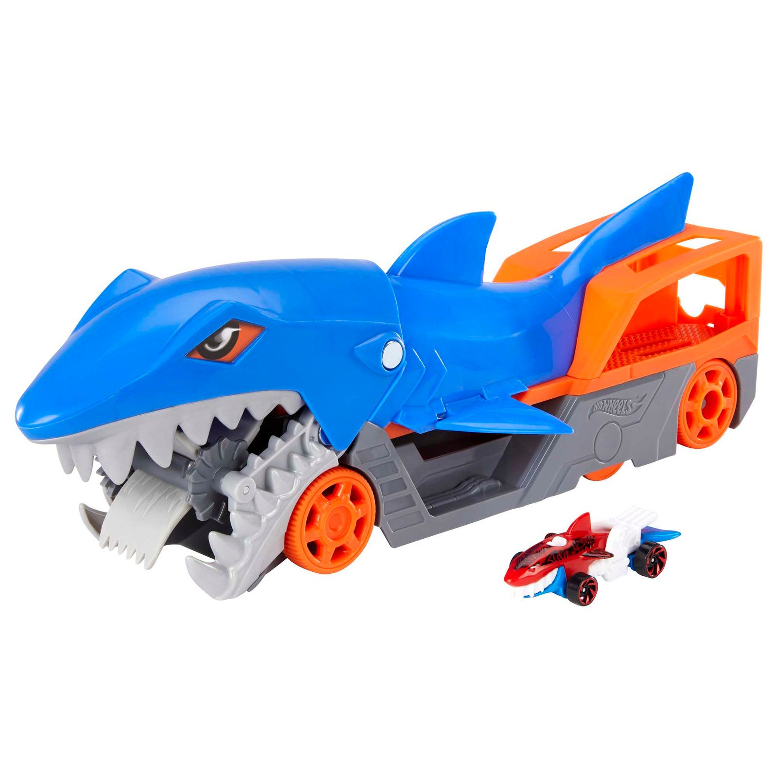 Mėlynas ryklio transporteris su oranžiniais ratais ir automodeliukas Shark Bite