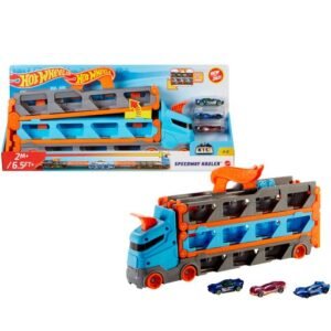Hot Wheels transporteris su trasa „Greitkelis“ – pakuotė ir sunkvežimis su trimis automodeliukais