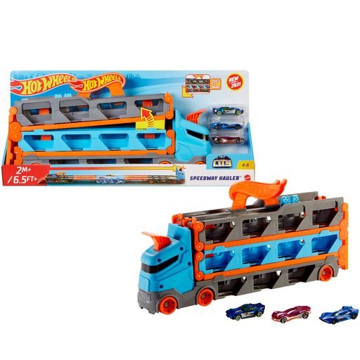 Hot Wheels transporteris su trasa „Greitkelis“ – pakuotė ir sunkvežimis su trimis automodeliukais