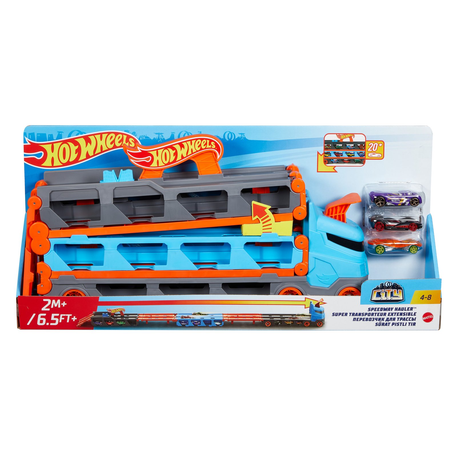 Hot Wheels City Speedway Hauler pakuotė su trimis automodeliukais