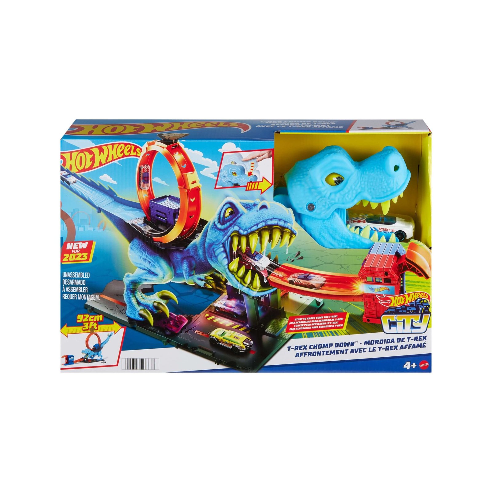 Hot Wheels dinozauro trasa – City rinkinio „Dinozauras su kilpa“ pakuotė su mėlynu T-Rex