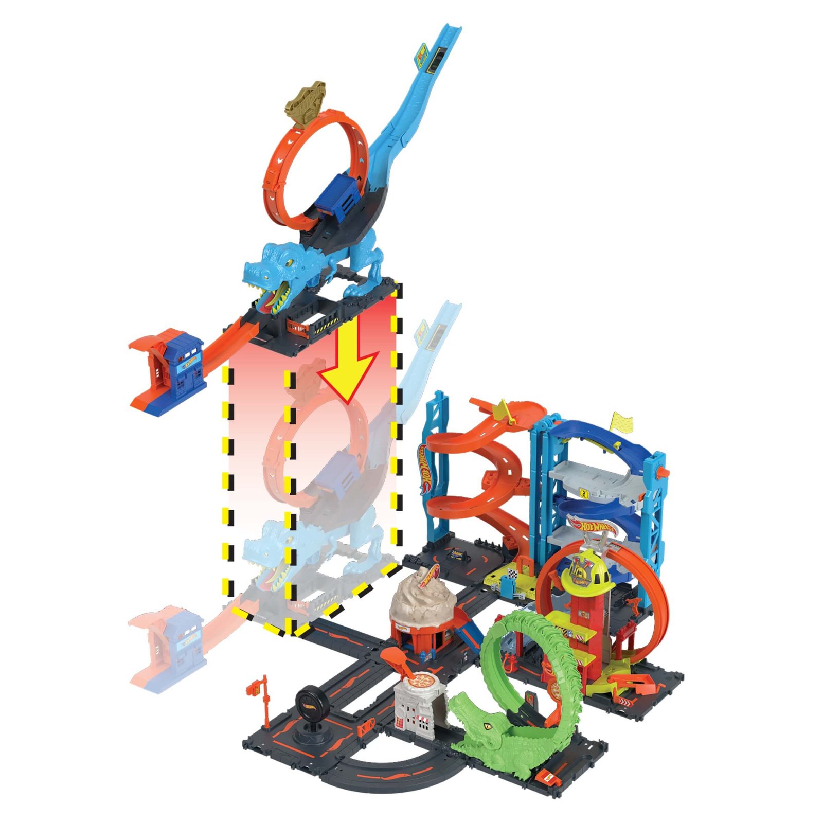 T-Rex trasa sujungta su kitais Hot Wheels City rinkiniais, kurie parduodami atskirai