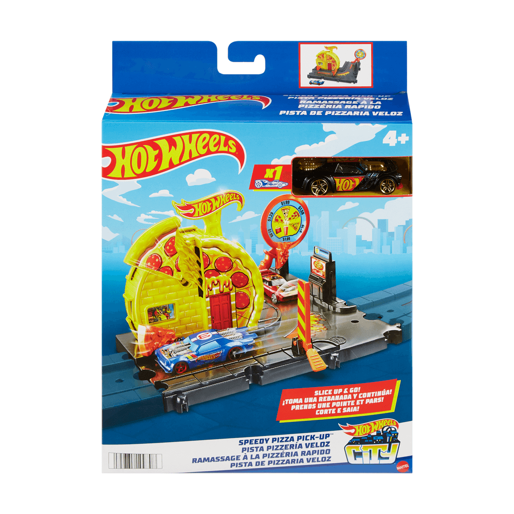 Hot Wheels City žaidimų rinkinys – picerijos „Speedy Pizza Pick-Up“ pakuotė su juoda mašinėle, vienas iš asortimento variantų