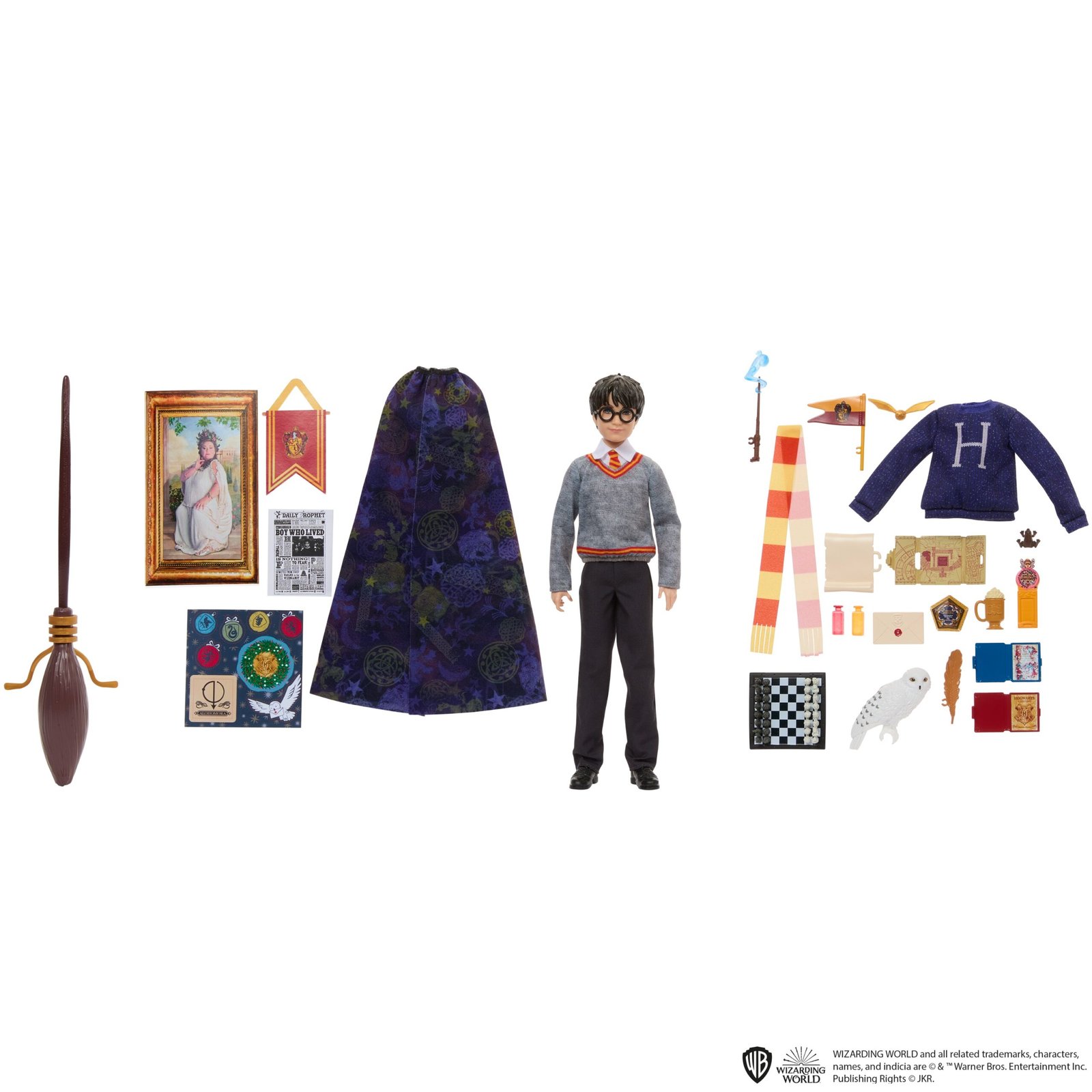 Harry Potter advento kalendorius – Hario Poterio lėlė, skraistė, šluota, lazdelė, šalikas, pelėda Hedviga ir kiti priedai
