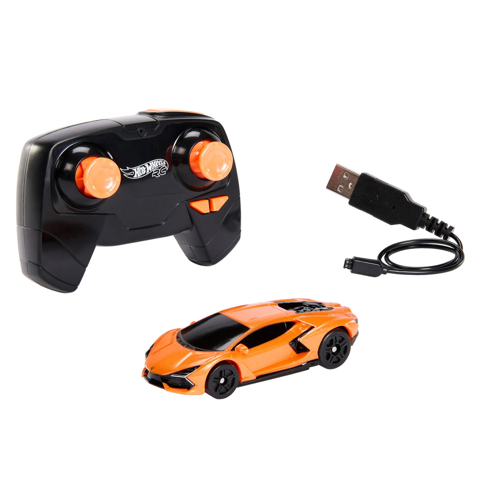 Oranžinis Lamborghini Revuelto, juodas pultelis ir USB įkrovimo laidas
