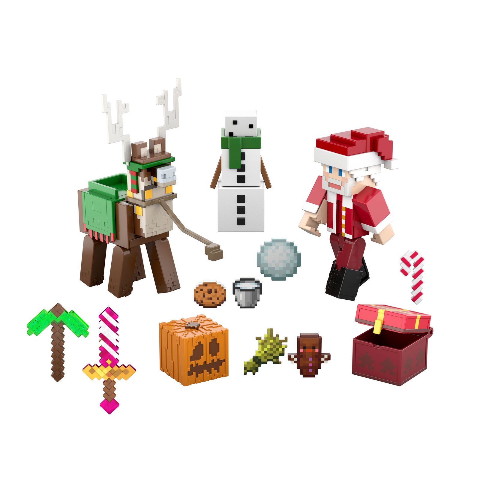 Minecraft figūrėlės ir priedai iš arti baltame fone