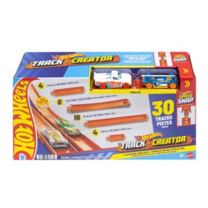 Hot Wheels trasų prailginimo rinkinys Track Creator – pakuotė su 30 atkarpų ir 2 automodeliukais
