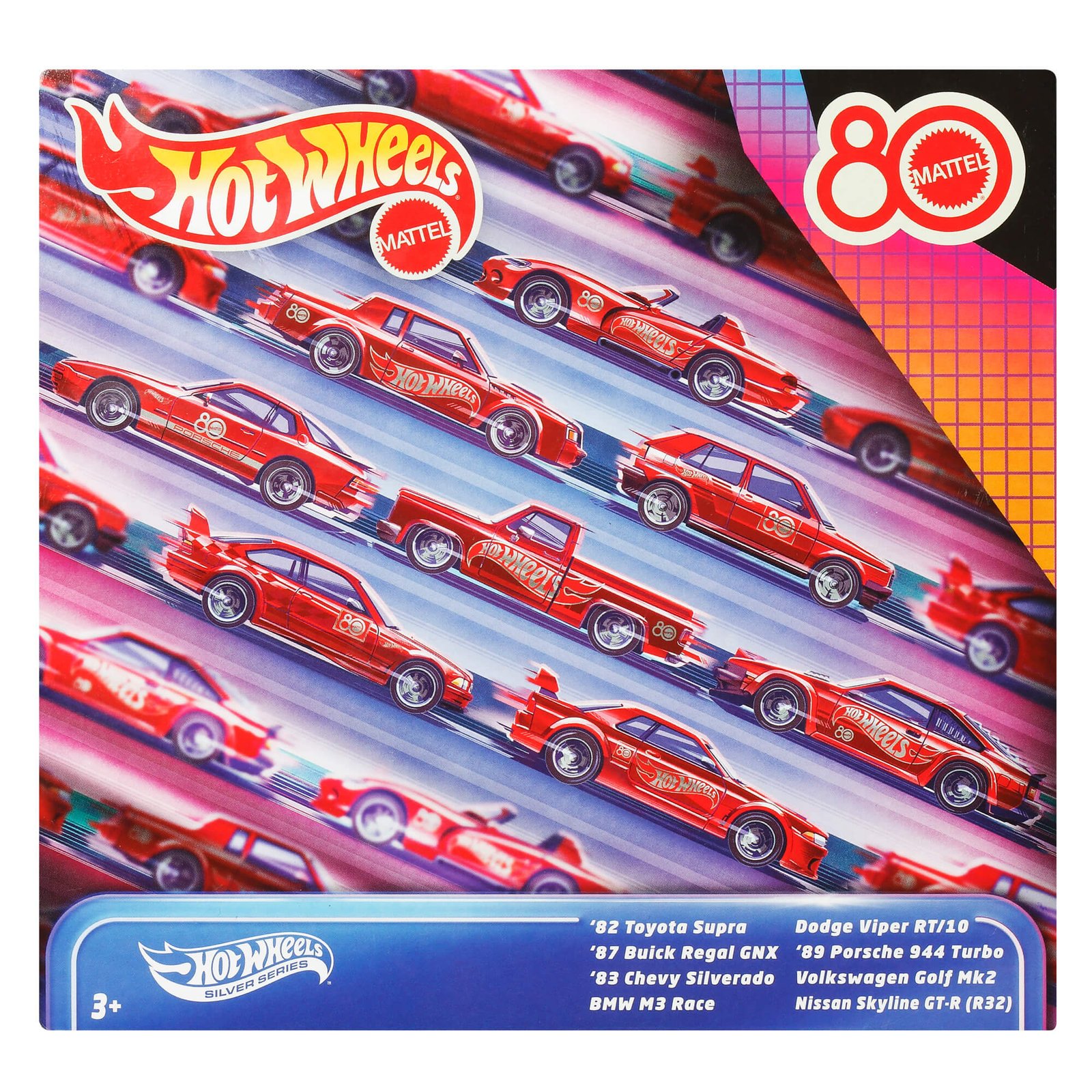 Hot Wheels 8 automodeliukų rinkinys „Mattel 80“ – pakuotė su raudonais automobiliais ir modelių sąrašu