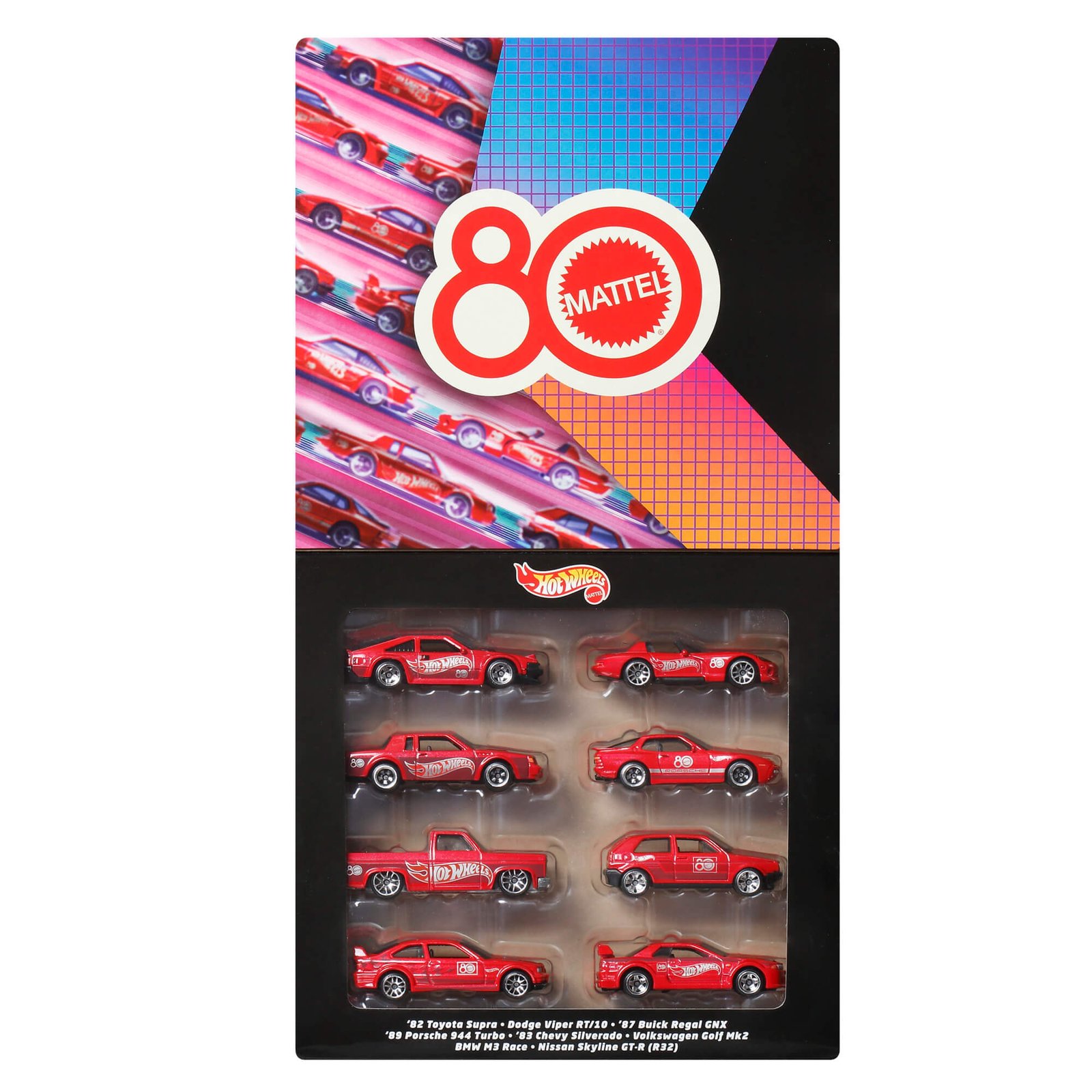 Pakuotės langelis su aštuoniais raudonais Hot Wheels automodeliukais ir Mattel 80 logotipu