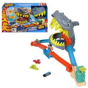 Hot Wheels trasa su rykliu – City „Ryklio paplūdimys“ pakuotė ir surinktas rinkinys su automodeliuku