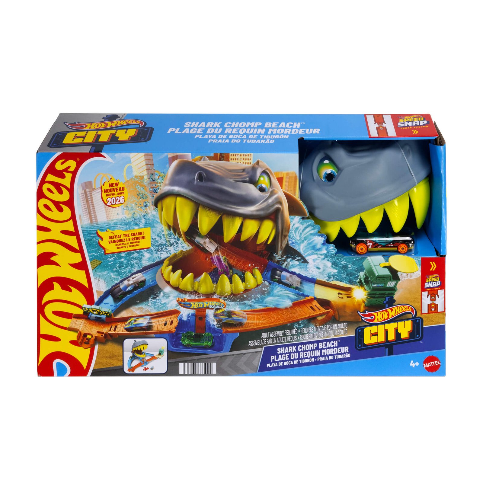 Hot Wheels City „Ryklio paplūdimys“ pakuotė su ryklio galva ir automodeliuku lange