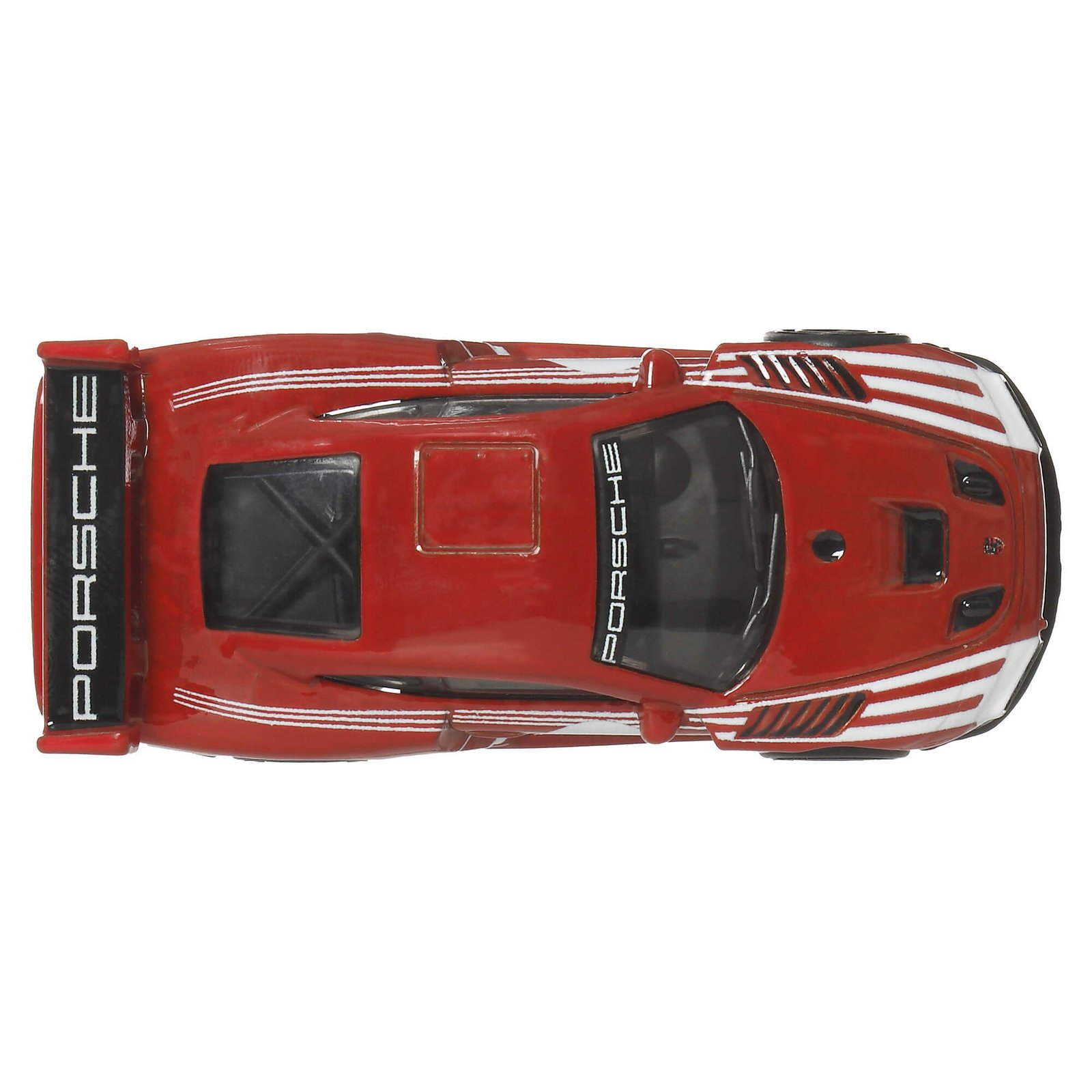 2018 Porsche 935 automodeliukas iš viršaus – raudonas kėbulas su baltomis juostomis ir PORSCHE užrašu ant sparno