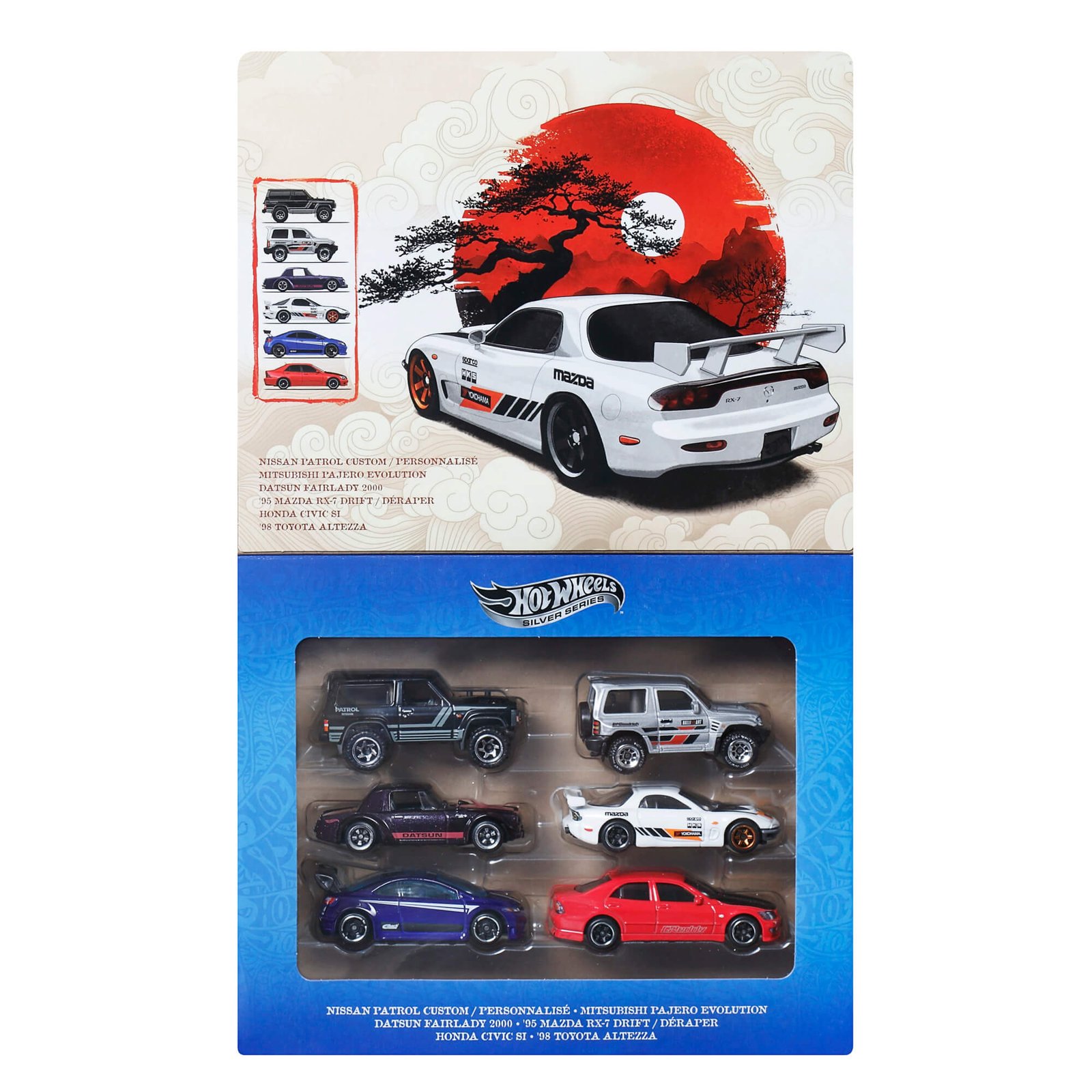 Hot Wheels japoniški automodeliukai „Streets of Japan“ – atidaryta Silver Series dėžutė su šešiais modeliais už langelio