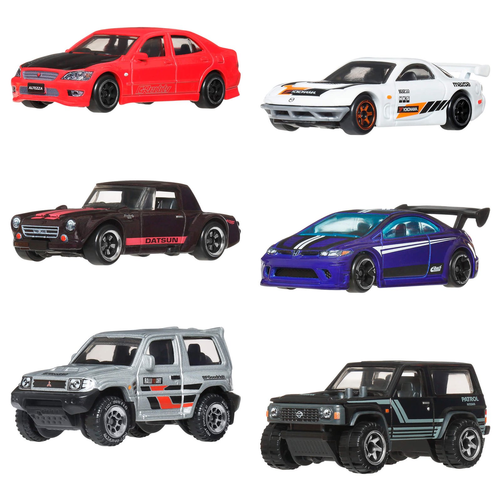 Šeši „Streets of Japan“ automodeliukai: Toyota Altezza, Mazda RX-7, Datsun Fairlady 2000, Honda Civic Si, Mitsubishi Pajero Evolution ir Nissan Patrol