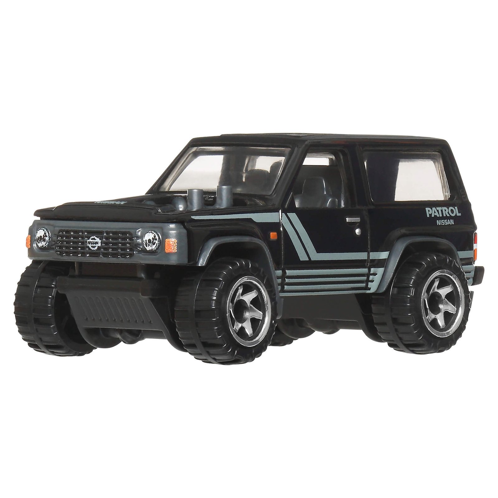 Juodas Hot Wheels Nissan Patrol Custom su pilkomis juostomis šone