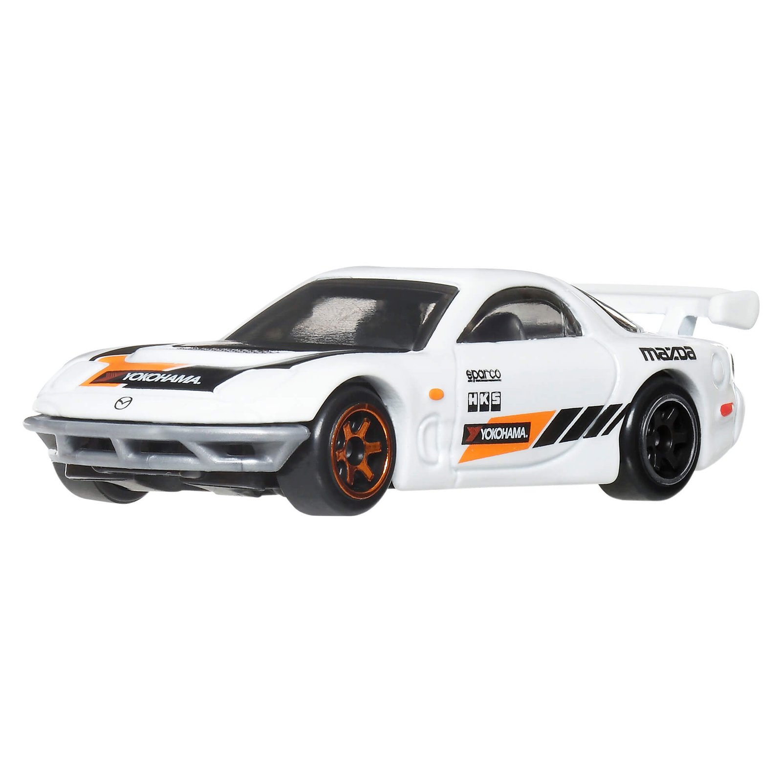 Baltas Hot Wheels '95 Mazda RX-7 Drift su oranžiniais ir juodais lenktynių lipdukais