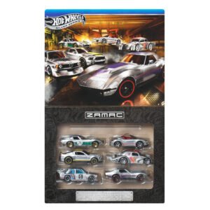 Hot Wheels ZAMAC automodeliukai – atidaryta Silver Series dėžutė su šešiais nedažytais modeliais už langelio