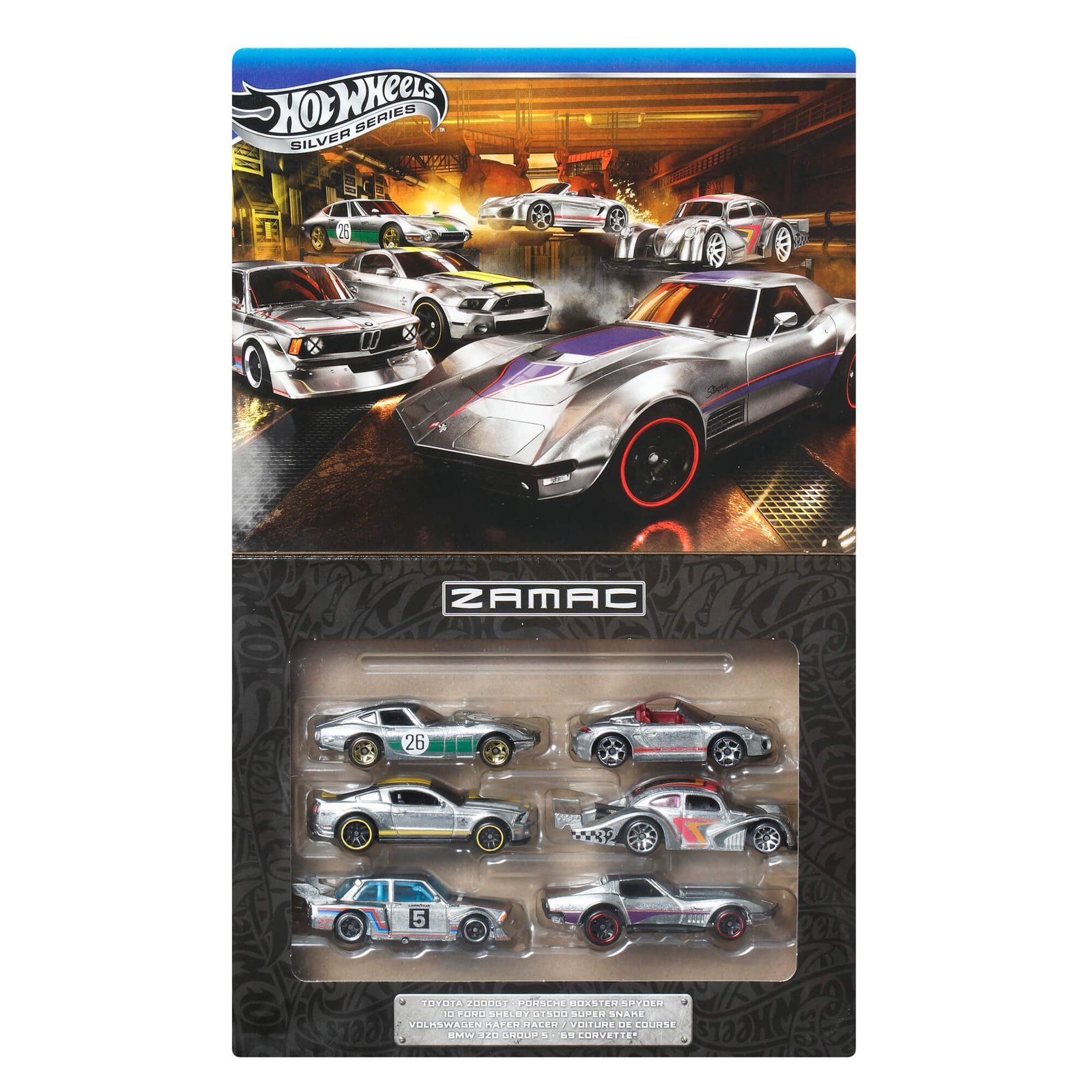 Hot Wheels ZAMAC automodeliukai – atidaryta Silver Series dėžutė su šešiais nedažytais modeliais už langelio