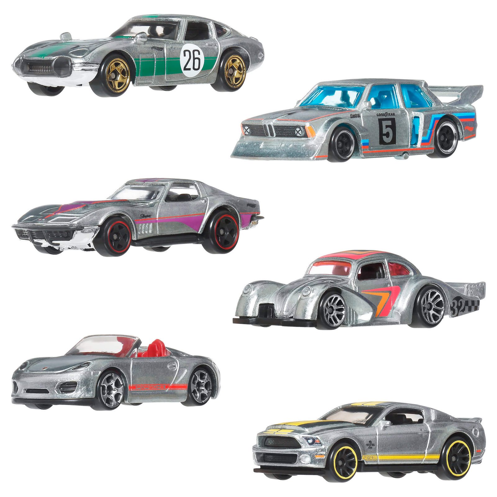 Šeši nedažyti ZAMAC automodeliukai: Toyota 2000GT, BMW 320 Group 5, '69 Corvette, Volkswagen Kafer Racer, Porsche Boxster Spyder ir Ford Shelby GT500 Super Snake