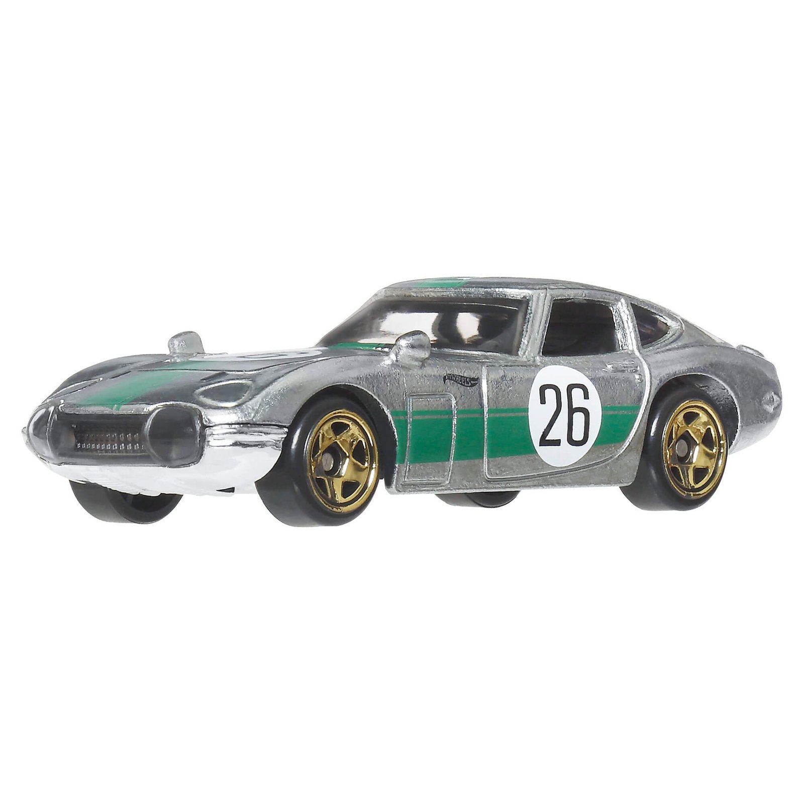 Metalo spalvos Hot Wheels Toyota 2000GT su žalia juosta, numeriu 26 ir auksiniais ratlankiais