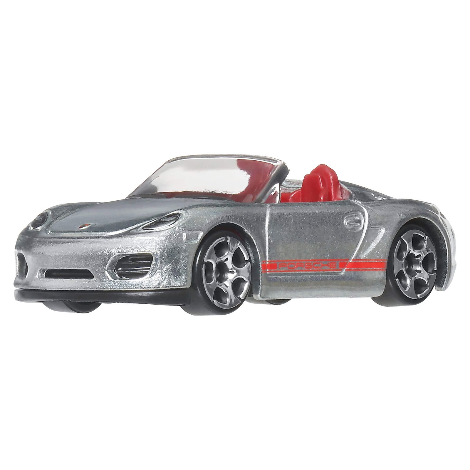 Nedažytas Hot Wheels Porsche Boxster Spyder su raudona juosta ir raudonu salonu