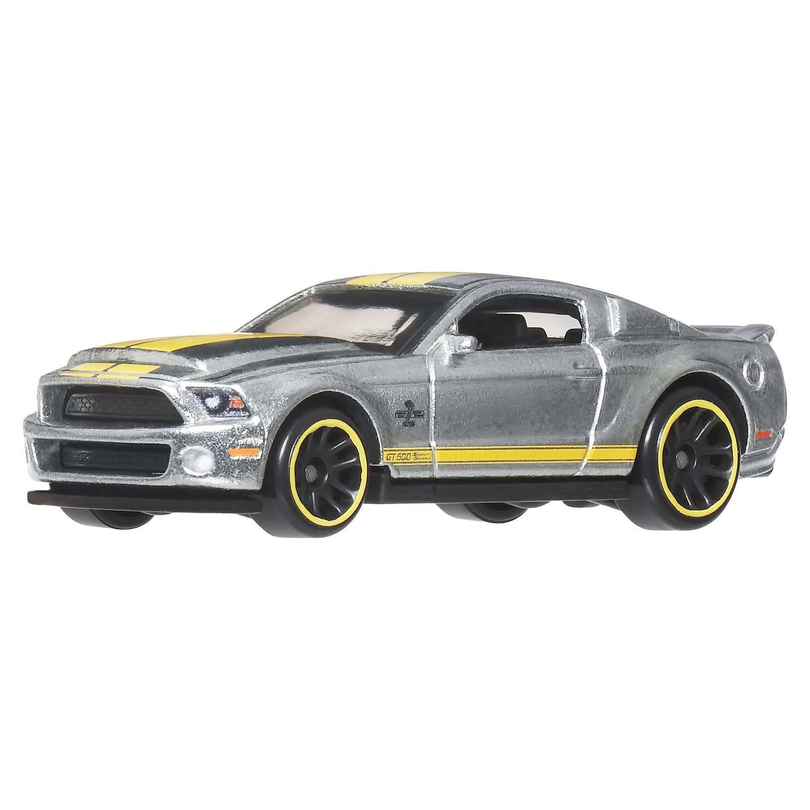 Natūralios metalo spalvos Hot Wheels '10 Ford Shelby GT500 Super Snake su geltonomis juostomis