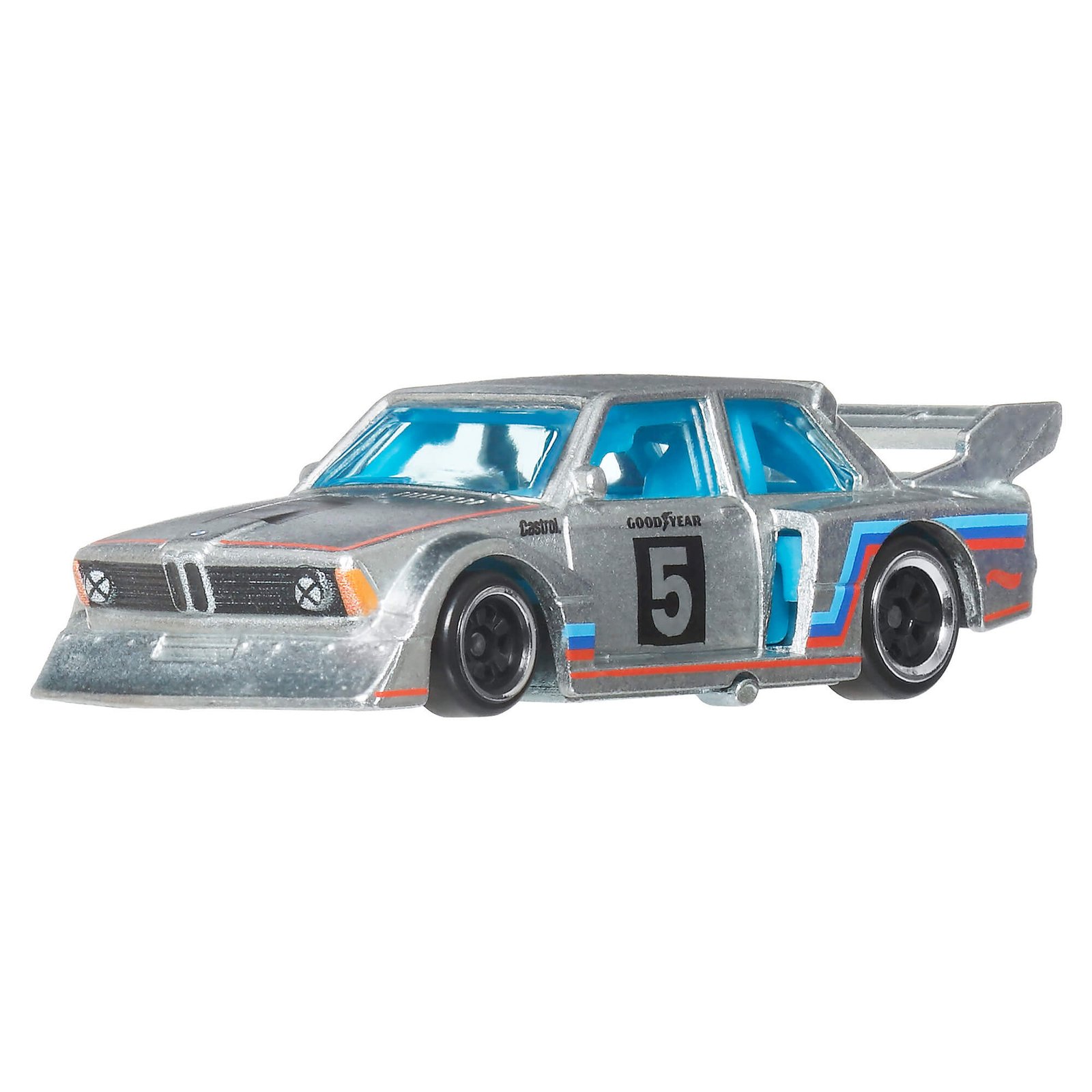 Hot Wheels BMW 320 Group 5 su numeriu 5 ir mėlynomis bei raudonomis juostomis