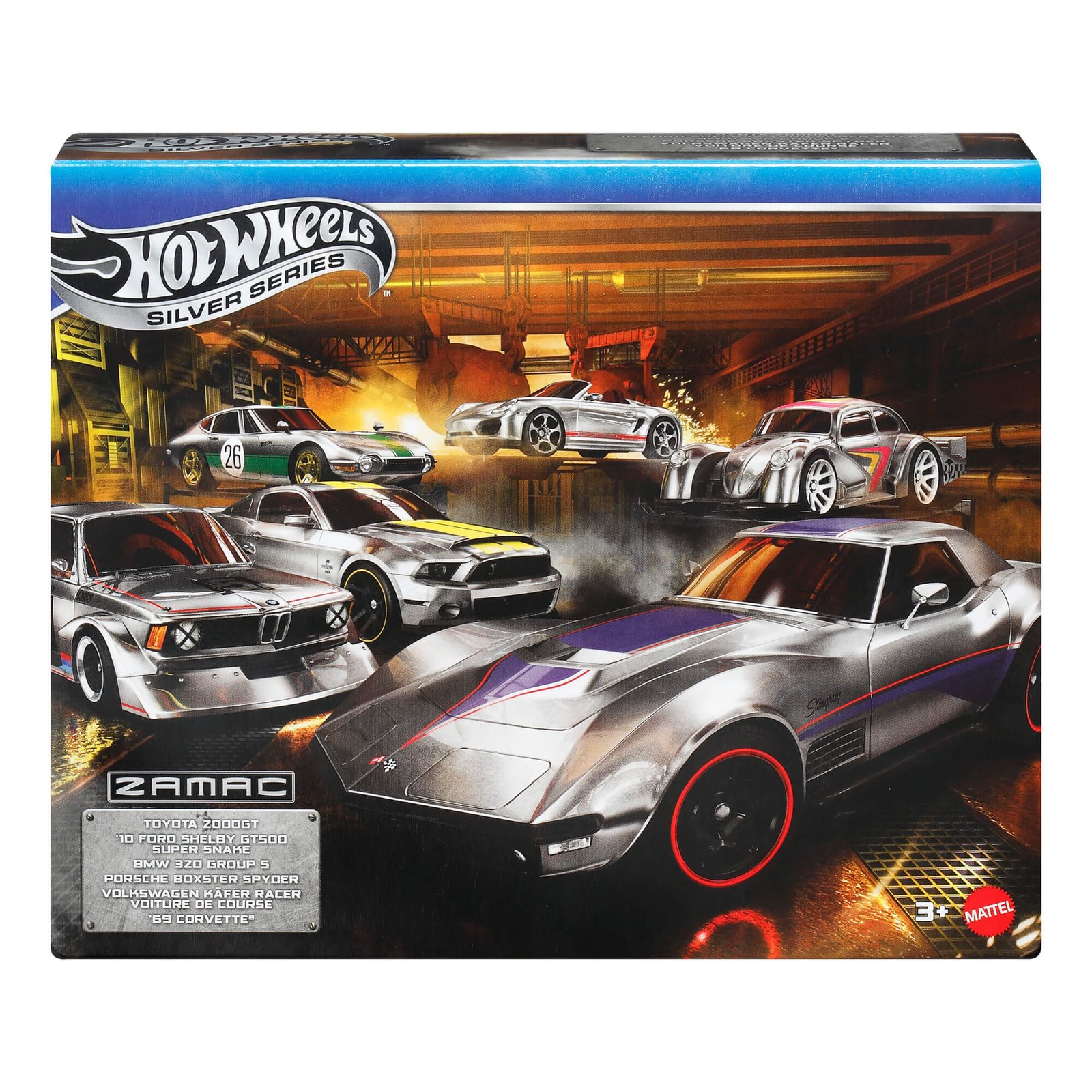 Uždaryta Hot Wheels Silver Series ZAMAC dėžutė – šeši modeliai gamyklos fone
