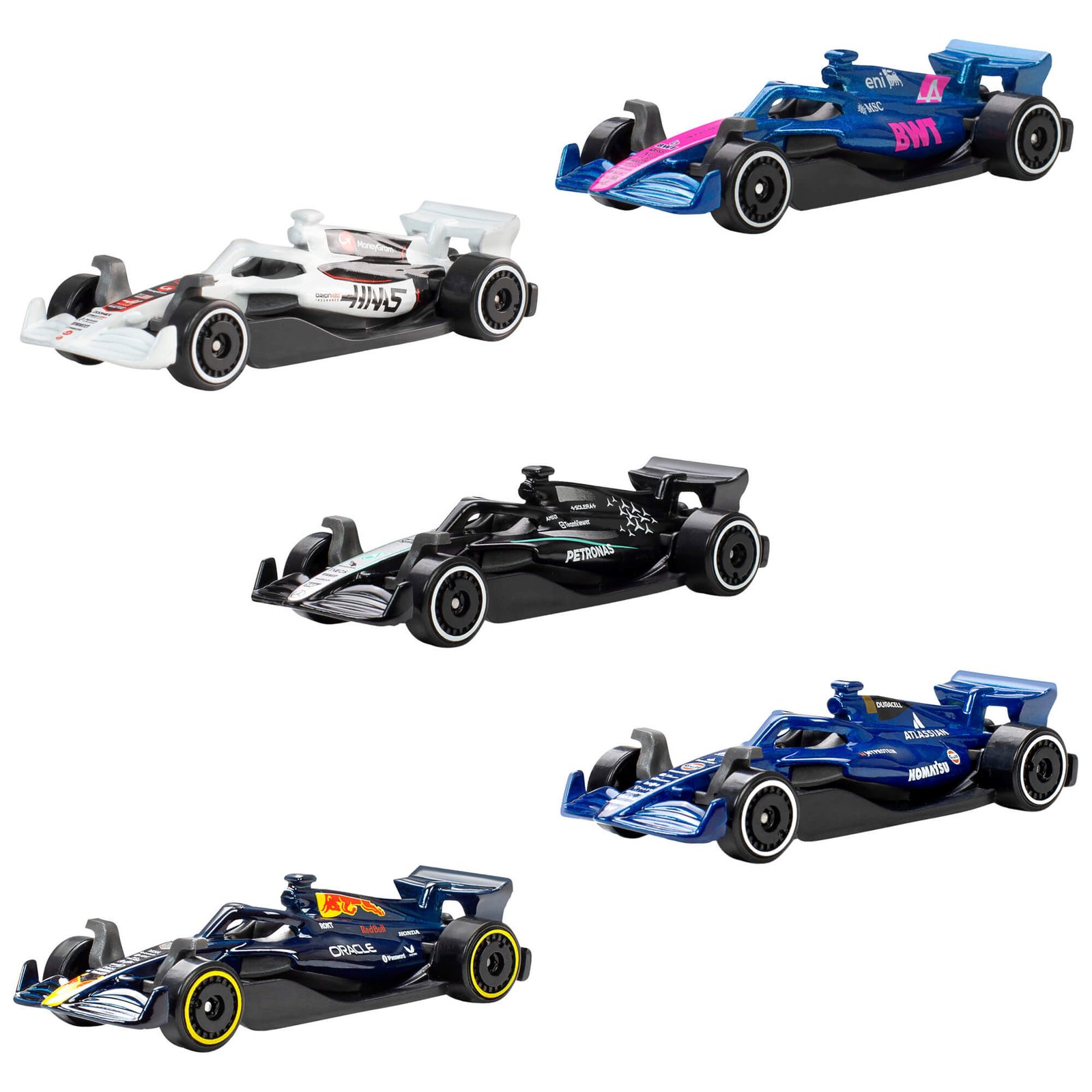 Penki Hot Wheels F1 bolidai: BWT Alpine, MoneyGram Haas, Mercedes-AMG PETRONAS, Atlassian Williams Racing ir Oracle Red Bull Racing