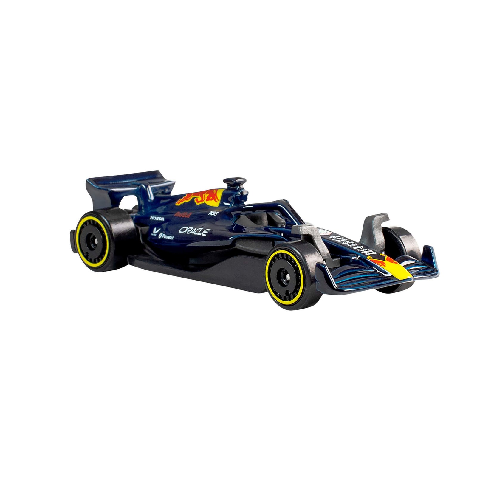 Tamsiai mėlynas Oracle Red Bull Racing bolidas su geltonais ratų akcentais
