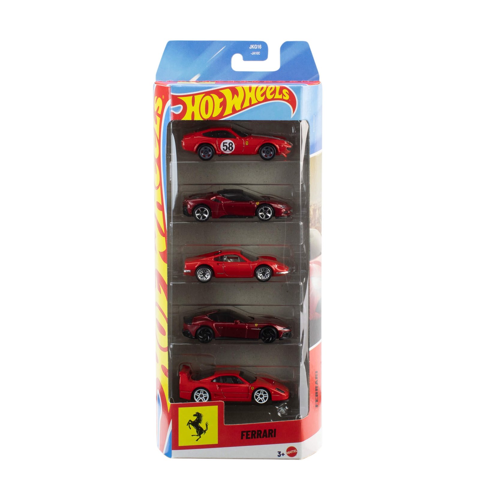 Hot Wheels Ferrari automodeliukai – pakuotė su penkiais raudonais Ferrari modeliais ir Ferrari ženklu