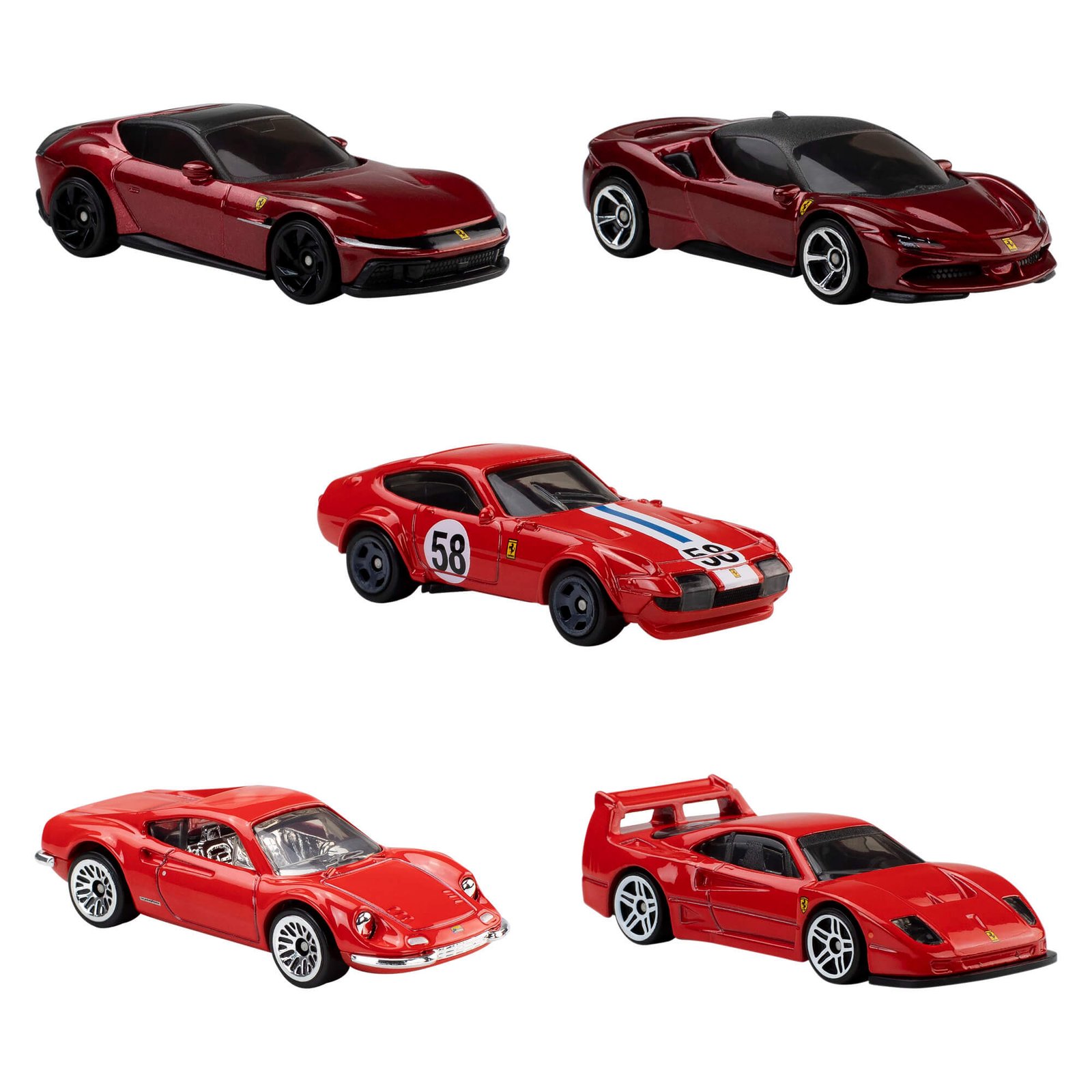Penki Hot Wheels Ferrari modeliai: 12Cilindri, SF90 Stradale, 365 GTB4 Competizione, Dino 206 GT ir F40 Competizione