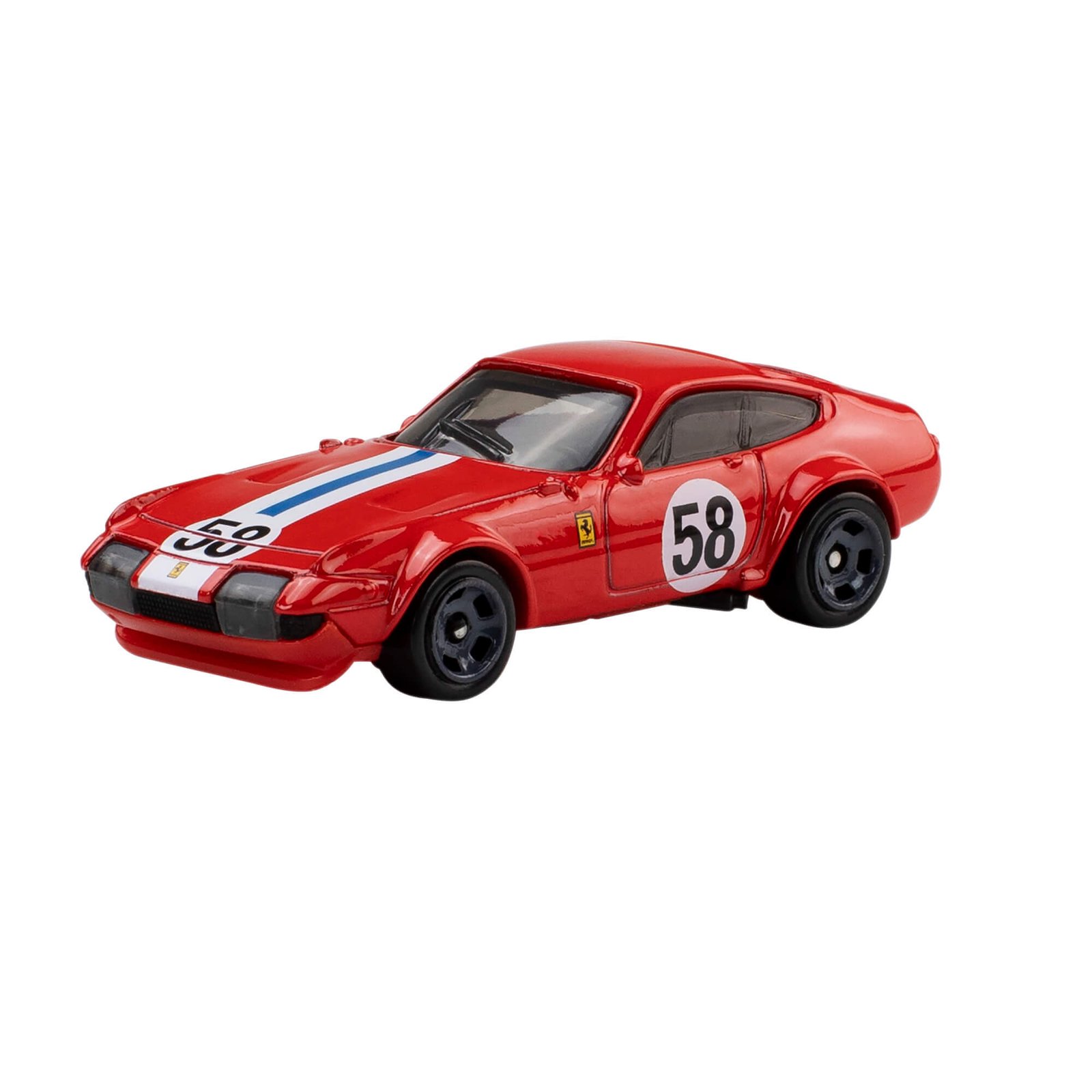 Raudonas Hot Wheels Ferrari 365 GTB4 Competizione su numeriu 58 ir mėlyna bei balta juostomis