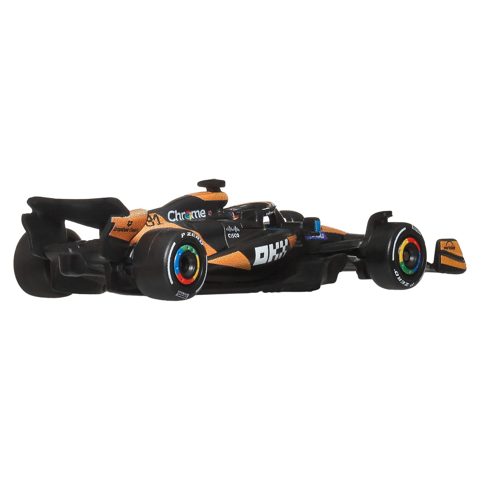 Oranžinis ir juodas McLaren F1 bolidas – vaizdas iš galo ir šono