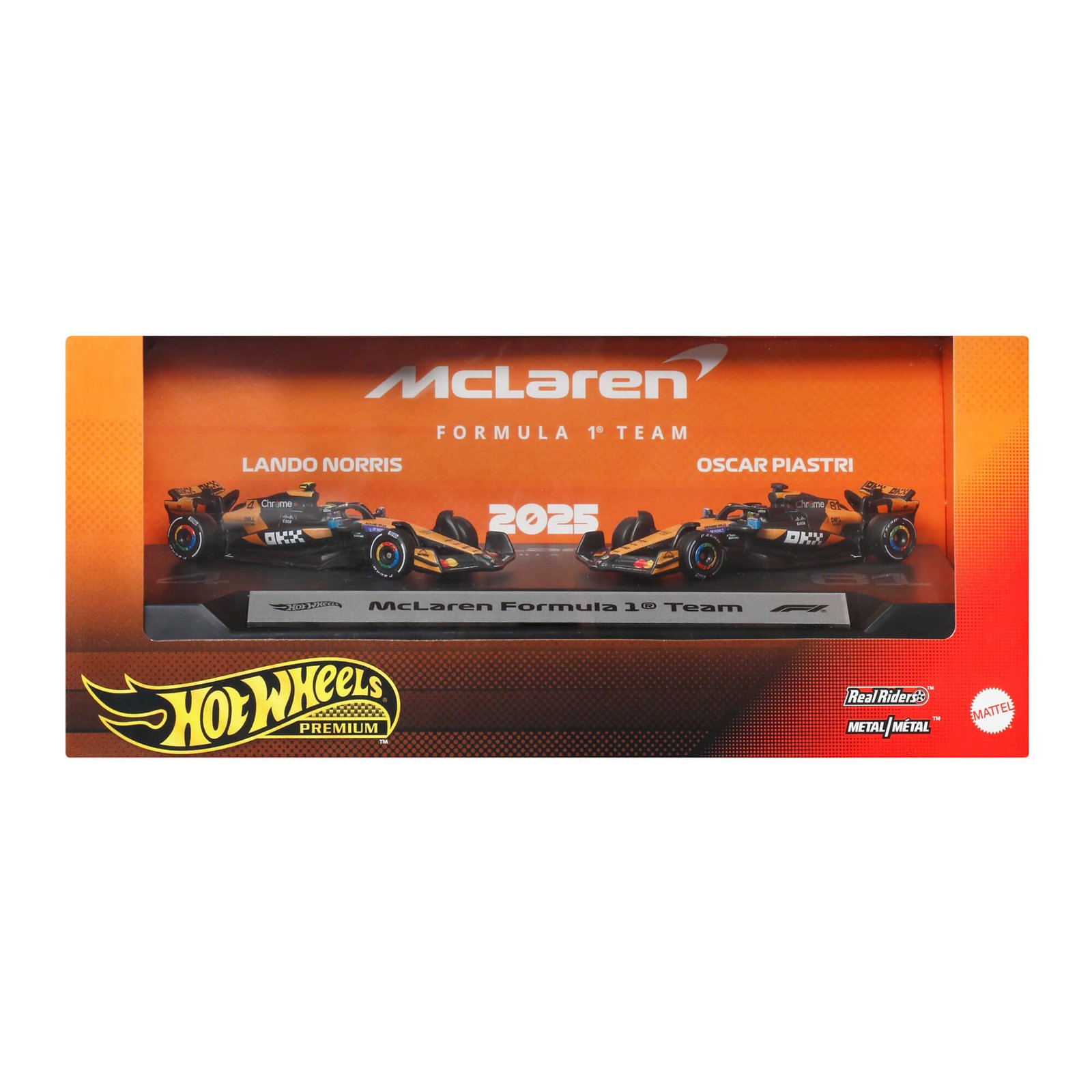 Hot Wheels McLaren F1 bolidai – Premium pakuotė su Lando Norriso ir Oscaro Piastri bolidais ant stovo