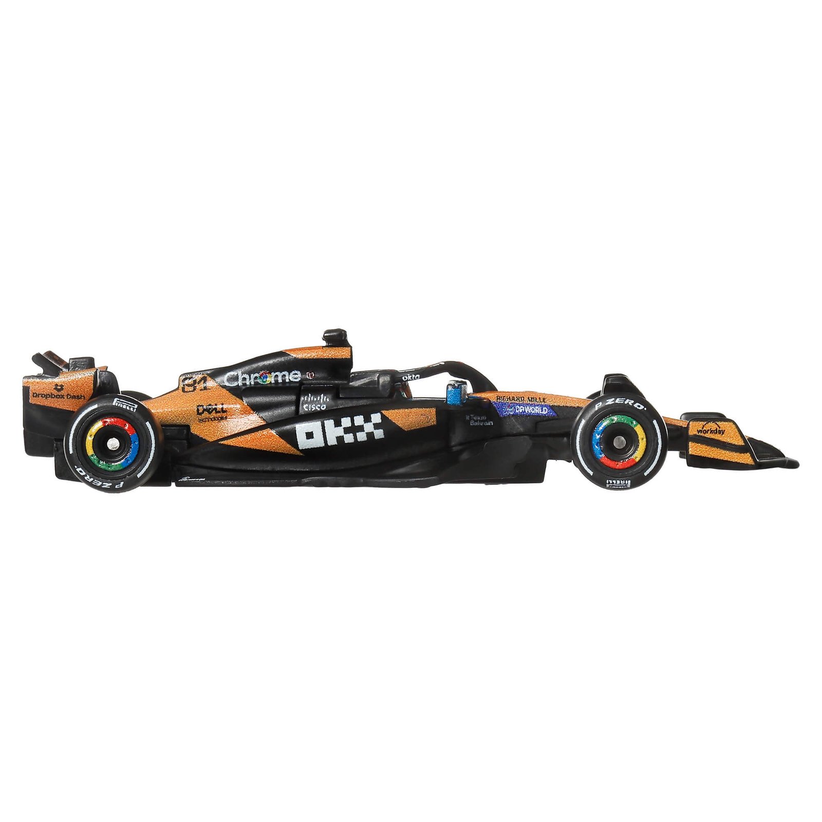 McLaren F1 bolidas iš šono – oranžinis kėbulas ir juodi šoniniai pontonai