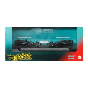 Hot Wheels Mercedes F1 bolidai – Premium pakuotė su George'o Russello ir Kimi Antonelli bolidais ant stovo