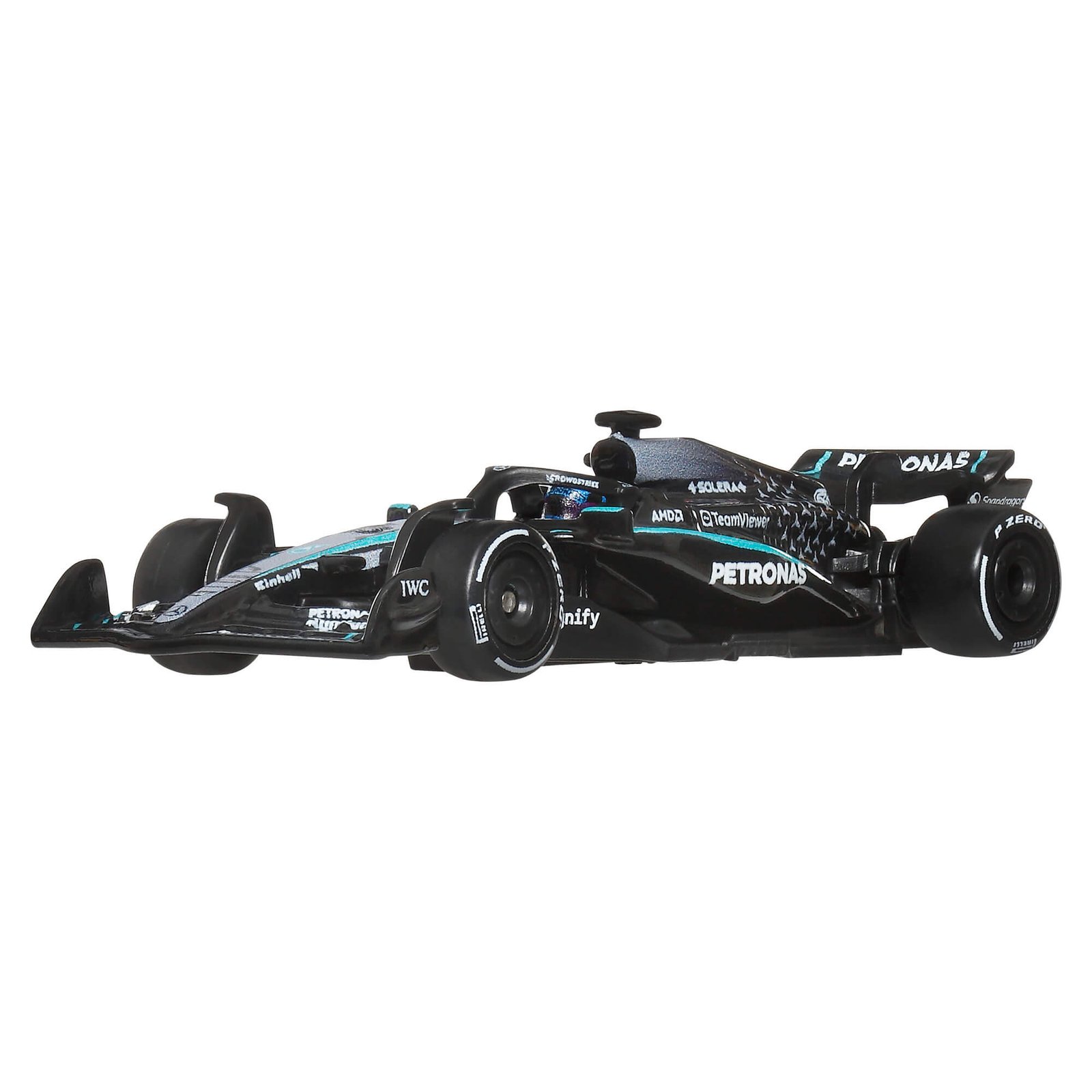 Mercedes F1 bolidas su PETRONAS užrašu – vaizdas iš priekio ir šono